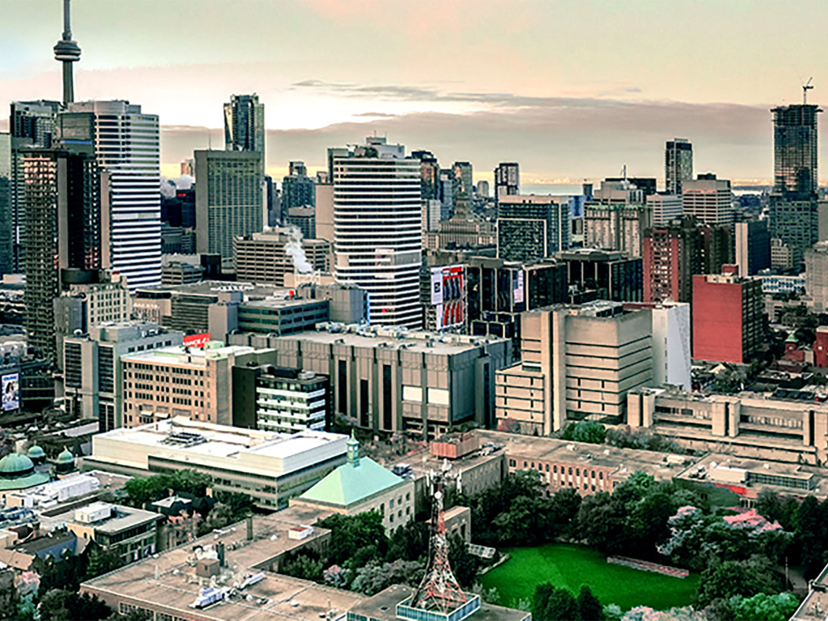 Aerial view of the Toronto Metropolitan University campus and downtown Toronto.